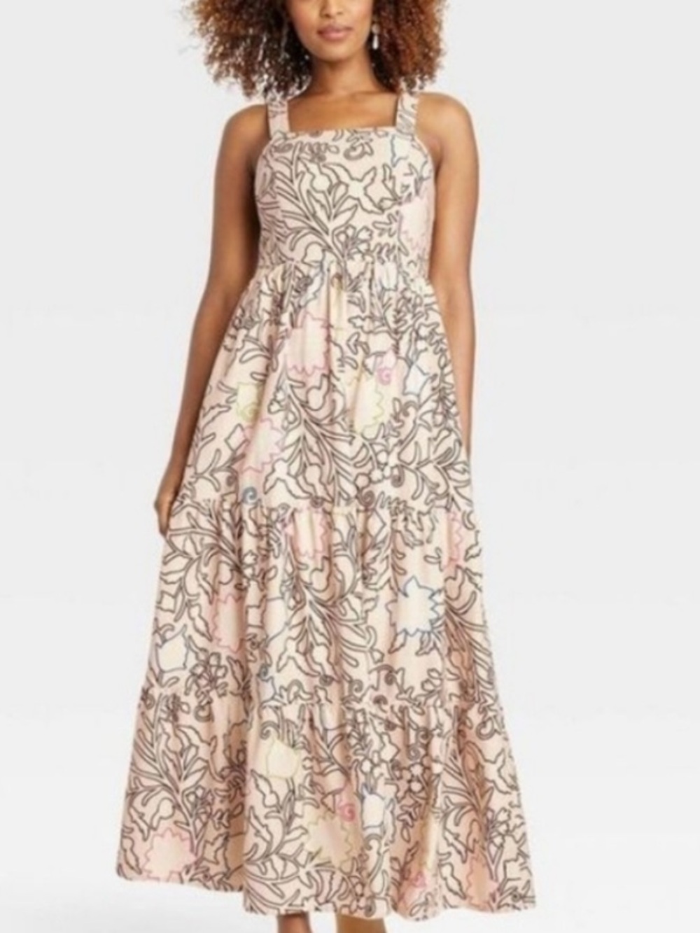 KNOX ROSE Maxi Dress Tiered A-line Floral Beige Pockets Cotton Blend Size M